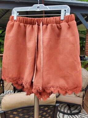Waffle Knit Lace-Hem Drawstring Short in Rust